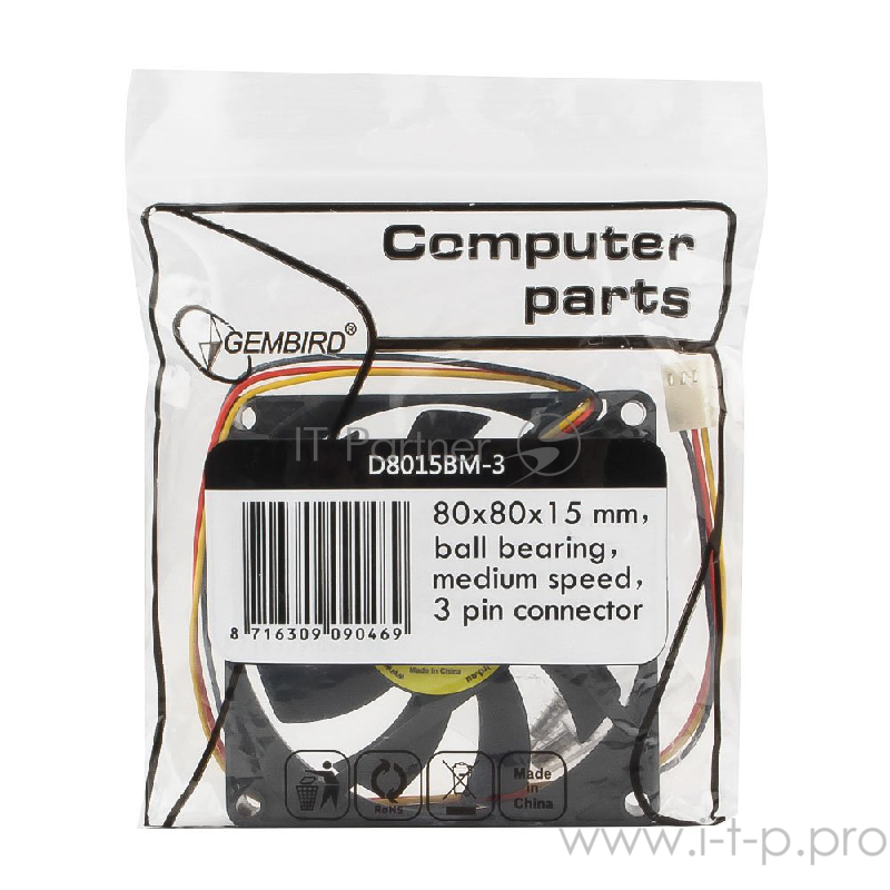 Вентилятор Gembird Вентилятор 80x80x15, подшипник, 3 pin, провод 30 см (D8015BM-3)