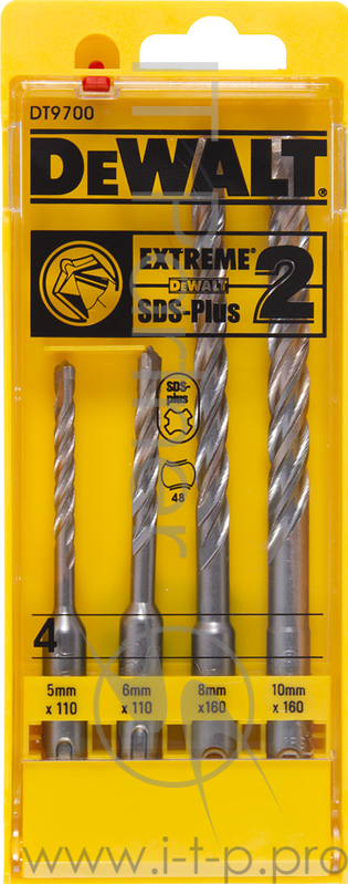 Набор буров DeWALT DT9700-QZ SDS+ EXTREME2 в пластиковой кассете, 4шт.