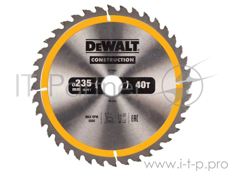 Круг пильный твердосплавный DEWALT DT1955-QZ Ф235/30 40 ATB -5° CONSTRUCTION по дереву с гвоздями