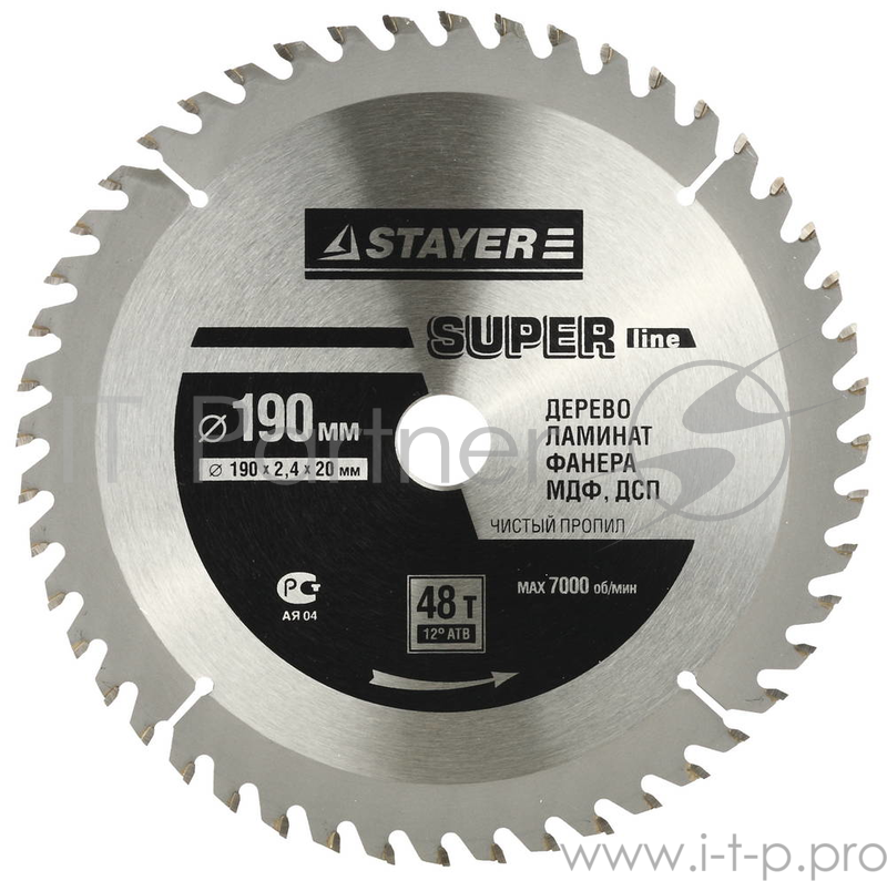 Круг пильный твердосплавный STAYER MASTER 3682-190-20-48 super-line по дереву 190х20мм 48T