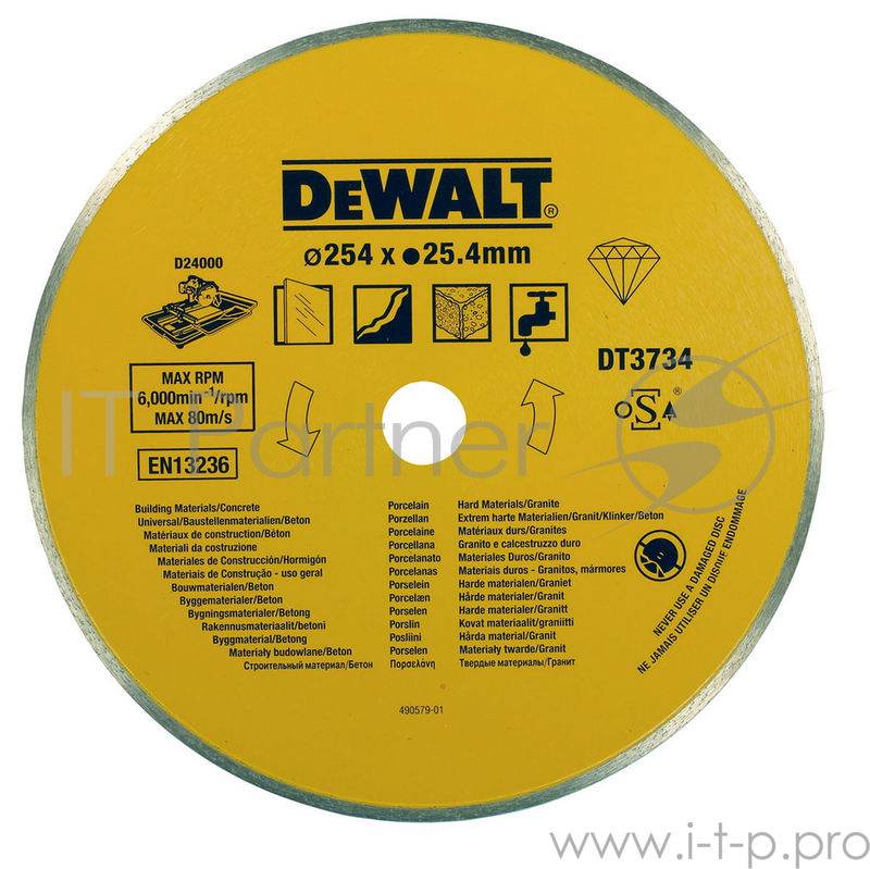 Диск алм. DeWALT DT3734-XJ со сплошной кромкой универсальный, 250x25.4x1.6мм