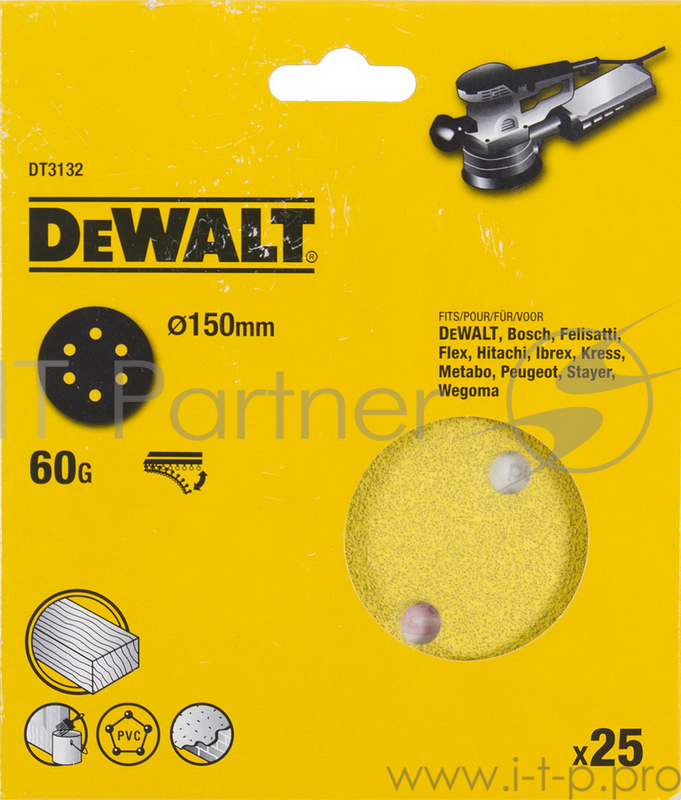 Круг фибровый DeWALT DT3132-QZ для эксц.шлифмашин, 150мм, 6 отв., 60G, 25шт.