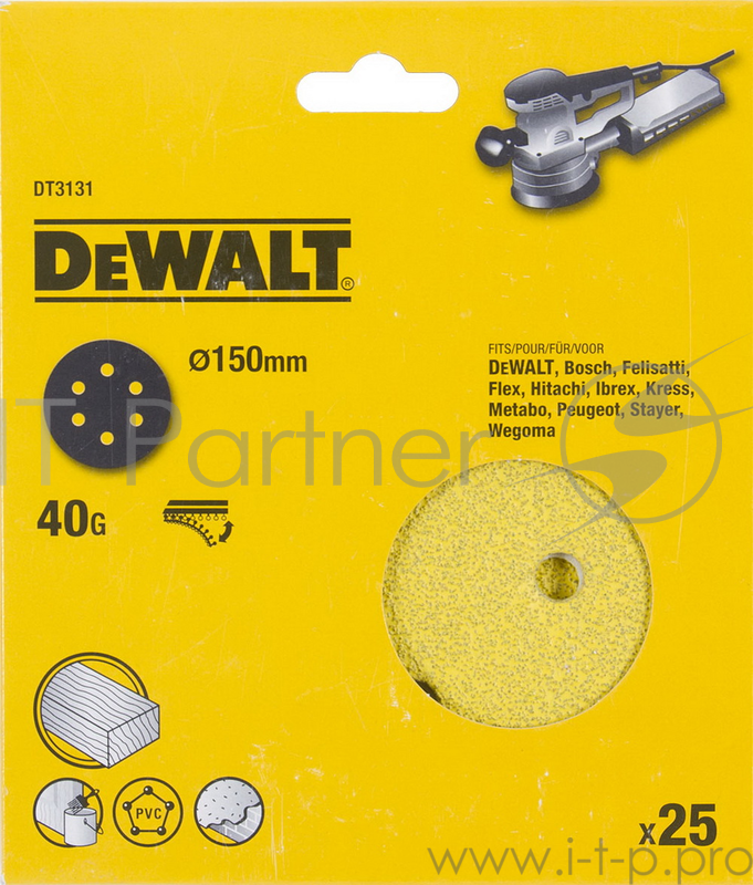 Круг фибровый DeWALT DT3131-QZ для эксц.шлифмашин, 150мм, 6 отв., 40G, 25шт.