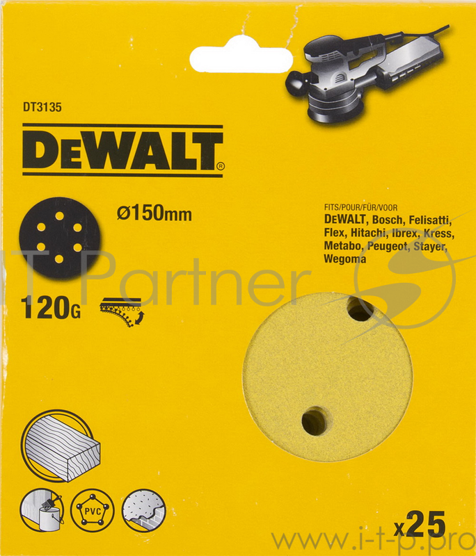 Круг фибровый DeWALT DT3135-QZ для эксц.шлифмашин, 150мм, 6 отв., 120G, 25шт.