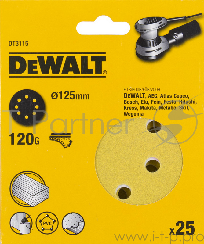 Круг фибровый DeWALT DT3115-QZ для эксц.шлифмашин, 125мм, 8 отв., 120G, 25шт.