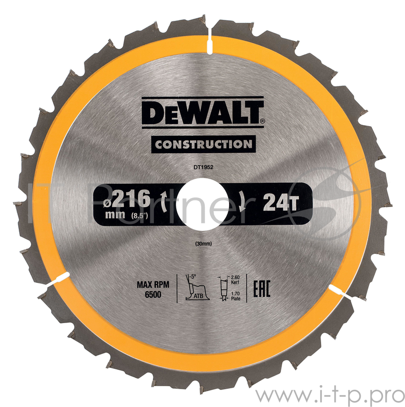 Круг пильный твердосплавный DEWALT DT1952-QZ Ф216/30 24 ATB +20° CONSTRUCTION по дереву с гвоздями