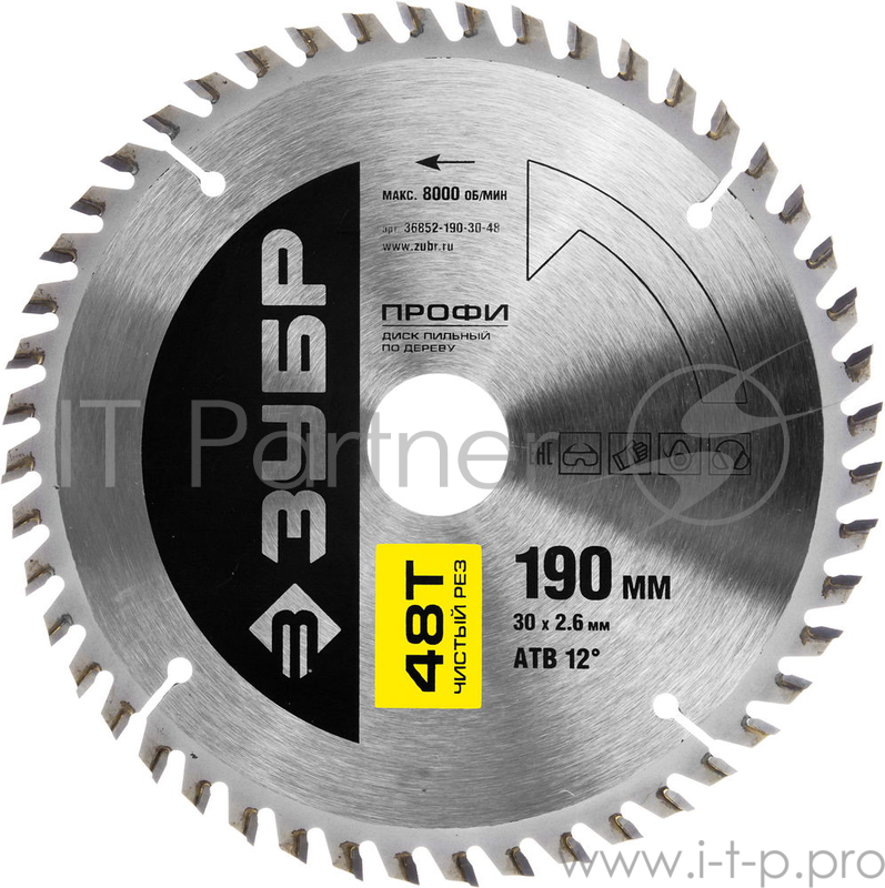 Круг пильный твердосплавный ЗУБР 36852-305-30-60 ПРОФИ чистый рез по дереву 60T 305х30мм