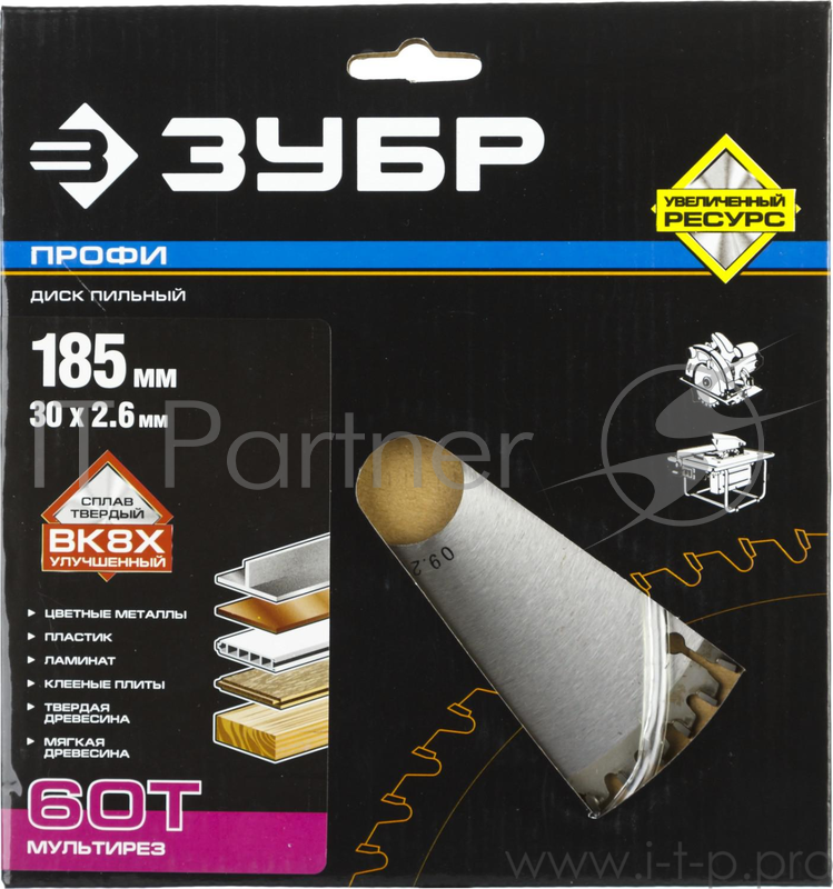 Круг пильный твердосплавный ЗУБР 36853-185-30-60 ПРОФИ точный-мульти рез 60T 185х30мм