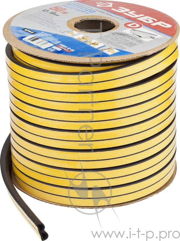 Уплотнитель ЗУБР 40950-12-50 промышленный самоклеящийся черный d-профиль на бобине 12ммх10мм 50м