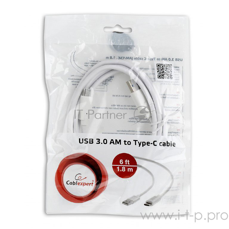 Кабель Cablexpert Кабель USB3.0 AM/USB Type-C, 1.8м, белый, пакет (CCP-USB3-AMCM-6-W)