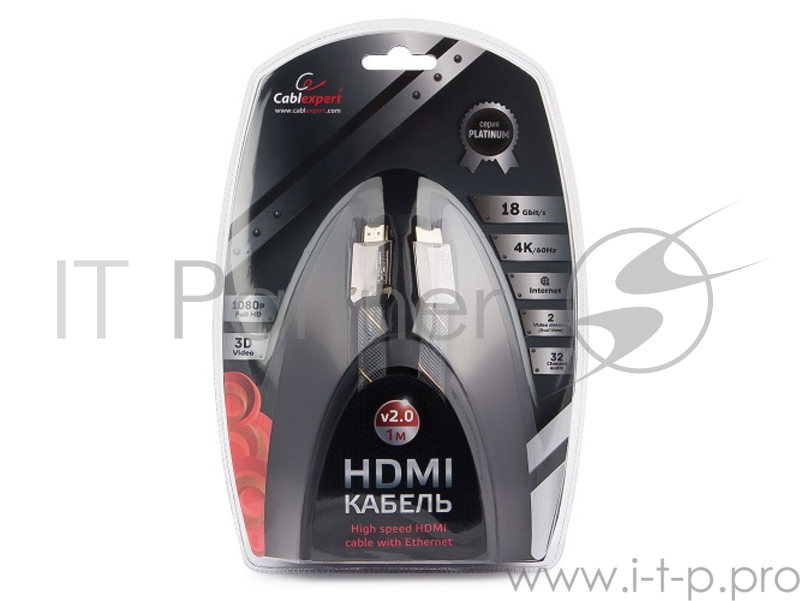 Кабель Кабель HDMI Cablexpert, серия Platinum, 1 м, v2.0, M/M, плоский, позол.разъемы, металлический корпус, нейлоновая оплетка, блистер (CC-P-HDMI04-1M)