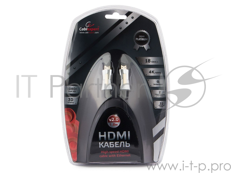 Кабель Кабель HDMI Cablexpert, серия Platinum, 1,8 м, v2.0, M/M, позол.разъемы, металлический корпус, ферритовые кольца, блистер (CC-P-HDMI01-1.8M)