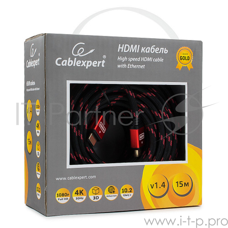 Кабель Кабель HDMI Cablexpert, серия Gold, 15 м, v1.4, M/M, красный, позол.разъемы, алюминиевый корпус, нейлоновая оплетка, коробка (CC-G-HDMI02-15M)