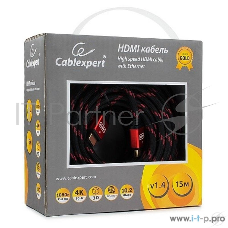 Кабель Кабель HDMI Cablexpert, серия Gold, 15 м, v1.4, M/M, красный, позол.разъемы, алюминиевый корпус, нейлоновая оплетка, коробка (CC-G-HDMI02-15M)