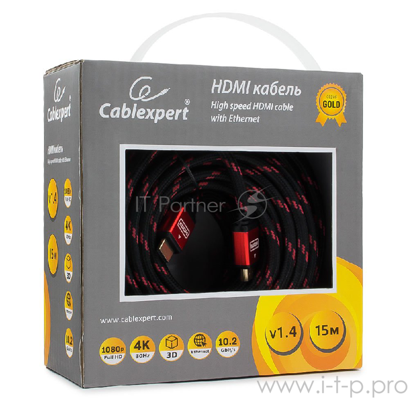 Кабель Кабель HDMI Cablexpert, серия Gold, 15 м, v1.4, M/M, красный, позол.разъемы, алюминиевый корпус, нейлоновая оплетка, коробка (CC-G-HDMI02-15M)