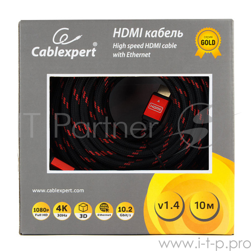 Кабель Кабель HDMI Cablexpert, серия Gold, 10 м, v1.4, M/M, красный, позол.разъемы, алюминиевый корпус, нейлоновая оплетка, коробка (CC-G-HDMI02-10M)
