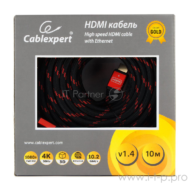 Кабель Кабель HDMI Cablexpert, серия Gold, 10 м, v1.4, M/M, красный, позол.разъемы, алюминиевый корпус, нейлоновая оплетка, коробка (CC-G-HDMI02-10M)