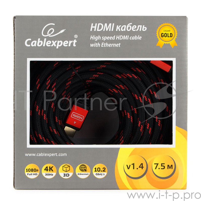 Кабель Кабель HDMI Cablexpert, серия Gold, 7,5 м, v1.4, M/M, красный, позол.разъемы, алюминиевый корпус, нейлоновая оплетка, коробка (CC-G-HDMI02-7.5M)