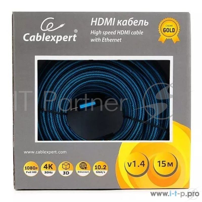 Кабель Кабель HDMI Cablexpert, серия Gold, 15 м, v1.4, M/M, синий, позол.разъемы, алюминиевый корпус, нейлоновая оплетка, коробка (CC-G-HDMI01-15M)
