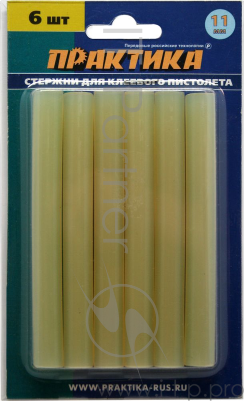Стержни для клей-пистолета ПРАКТИКА 641-633 желтый, 80C, 11х100мм, 6шт, блистер