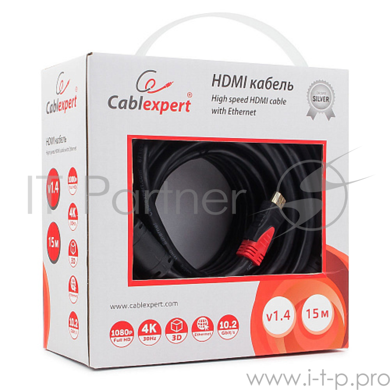 Кабель Кабель HDMI Cablexpert, серия Silver, длина 15 м, v1.4, M/M, позол.разъемы, феррит. кольца, коробка (CC-S-HDMI03-15M)