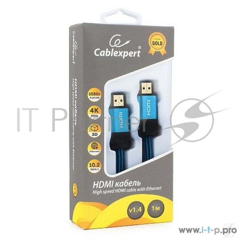 Кабель Кабель HDMI Cablexpert, серия Gold, 1 м, v1.4, M/M, синий, позол.разъемы, алюминиевый корпус, нейлоновая оплетка, коробка (CC-G-HDMI01-1M)