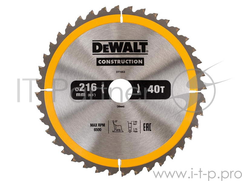 Круг пильный твердосплавный DEWALT DT1953-QZ Ф216/30 40 ATB +10° CONSTRUCTION по дереву с гвоздями