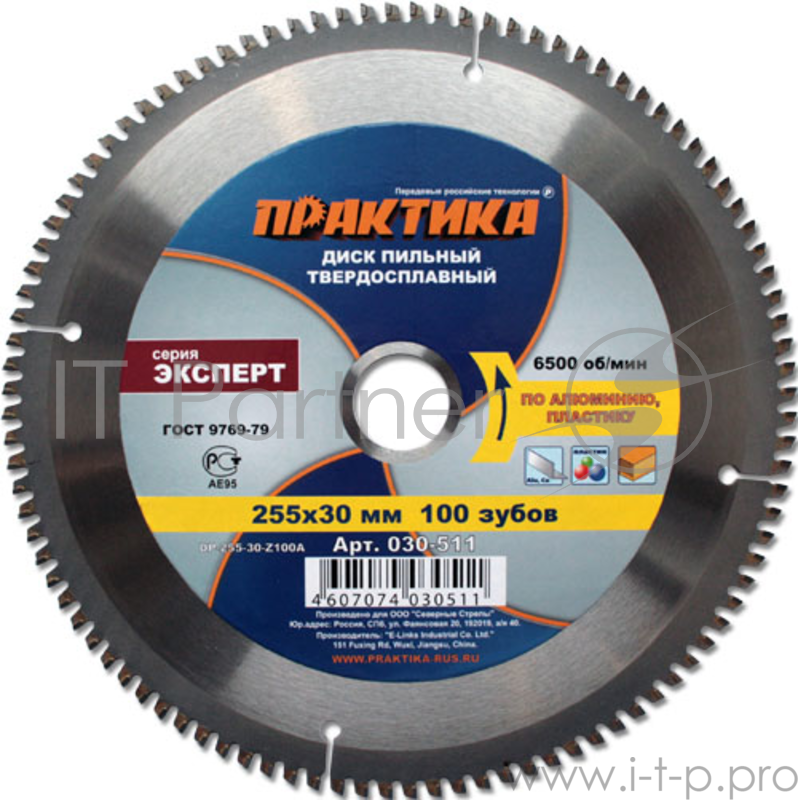 Диск пильный по ламинату ПРАКТИКА 030-511 DP-255-30-Z100A 255х100x30мм T=2.9мм, по алюм., ламинату