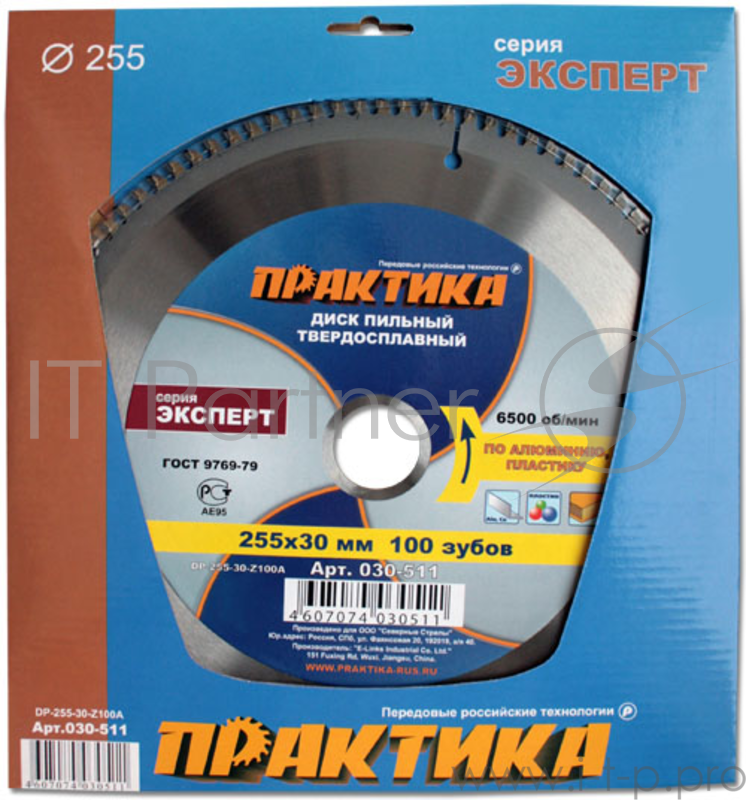 Диск пильный по ламинату ПРАКТИКА 030-511 DP-255-30-Z100A 255х100x30мм T=2.9мм, по алюм., ламинату