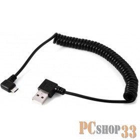 Кабель ORIENT MU-215T2, Кабель витой (спиральный) Micro USB 2.0, Am - micro-Bm (5pin) угловой, правый угол 90°, 1.5 м, черный