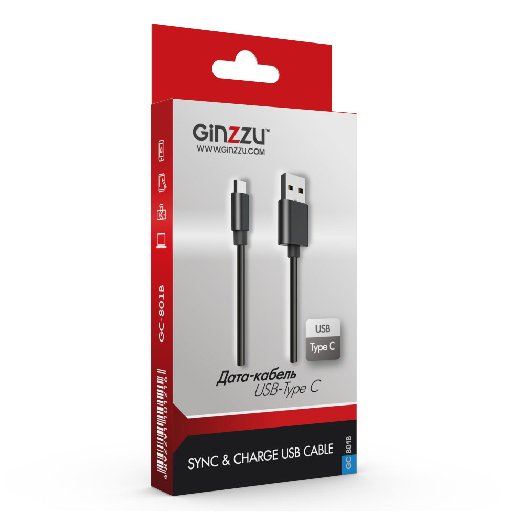 Кабель Ginzzu Дата-кабель Type C, TPE, 1,0 м, черный (GC-801B)