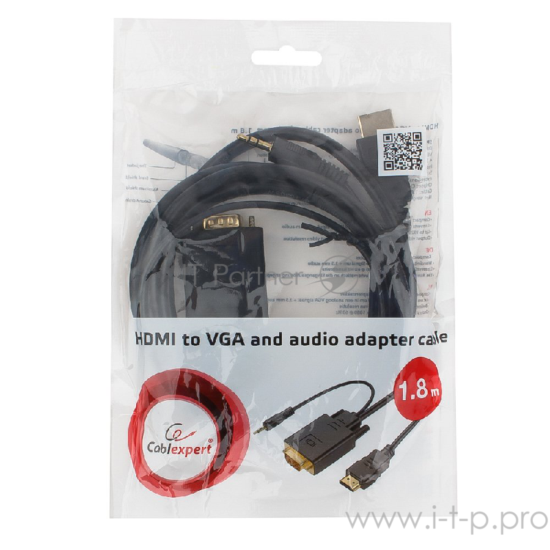 Кабель Cablexpert Кабель HDMI-VGA 19M/15M + 3.5Jack, 1.8м, черный, позол.разъемы, пакет (A-HDMI-VGA-03-6)