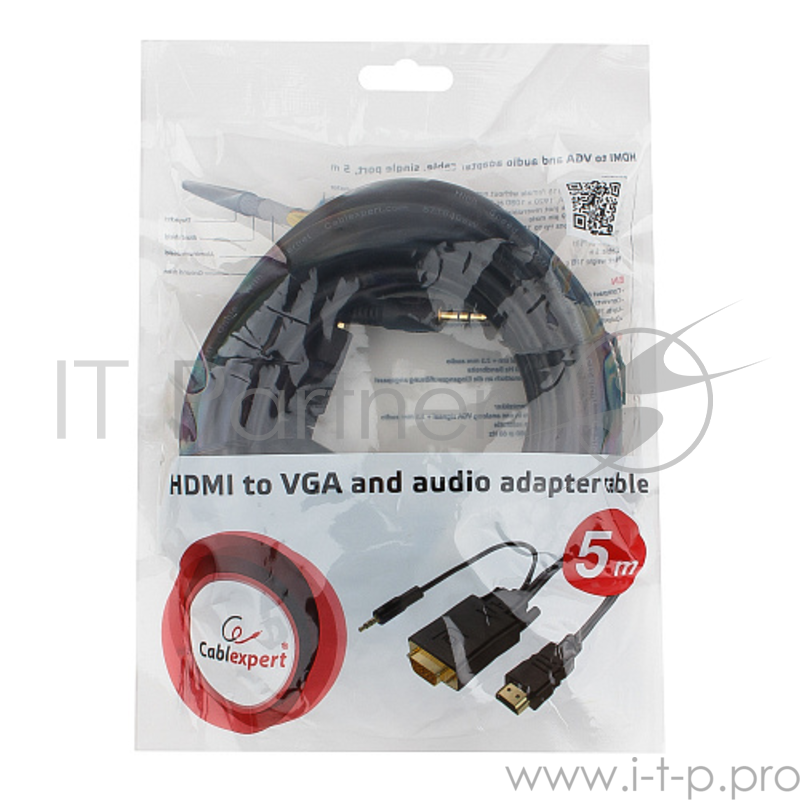 Кабель Cablexpert Кабель HDMI-VGA 19M/15M + 3.5Jack, 5м, черный, позол.разъемы, пакет (A-HDMI-VGA-03-5M)