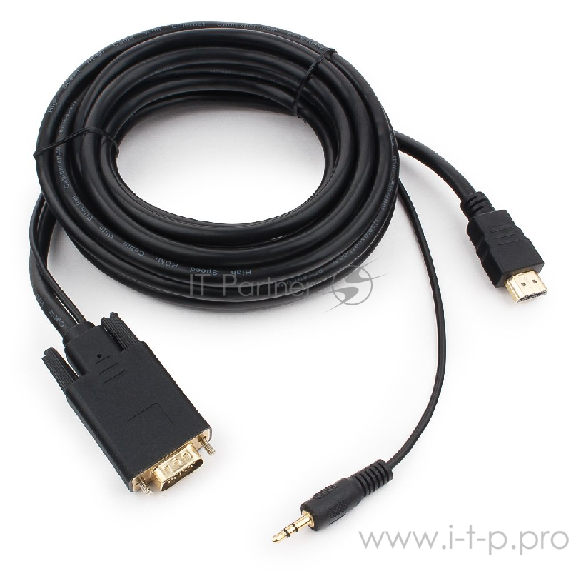 Кабель Cablexpert Кабель HDMI-VGA 19M/15M + 3.5Jack, 5м, черный, позол.разъемы, пакет (A-HDMI-VGA-03-5M)