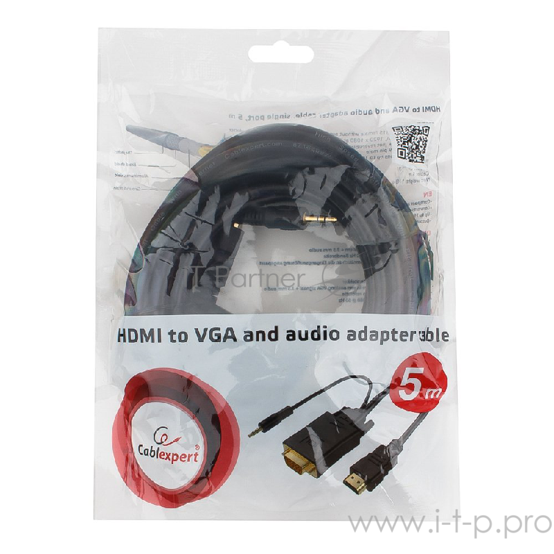 Кабель Cablexpert Кабель HDMI-VGA 19M/15M + 3.5Jack, 5м, черный, позол.разъемы, пакет (A-HDMI-VGA-03-5M)