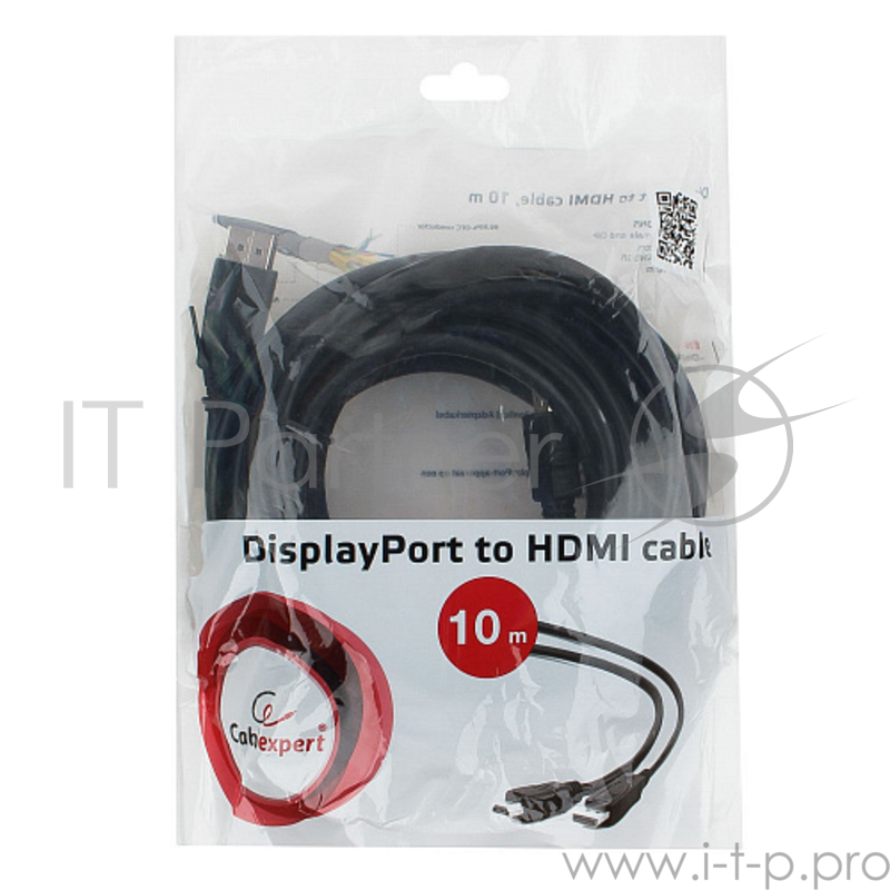 Кабель Cablexpert Кабель DisplayPort-HDMI, 10м, 20M/19M, черный, экран, пакет (CC-DP-HDMI-10M)