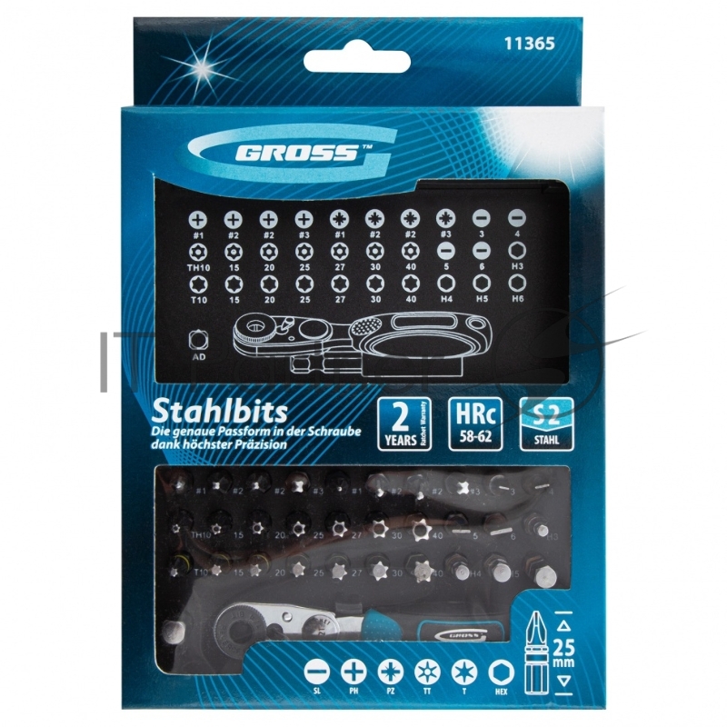 Набор бит GROSS 11365 1-4 магнитный адаптер, сталь S2