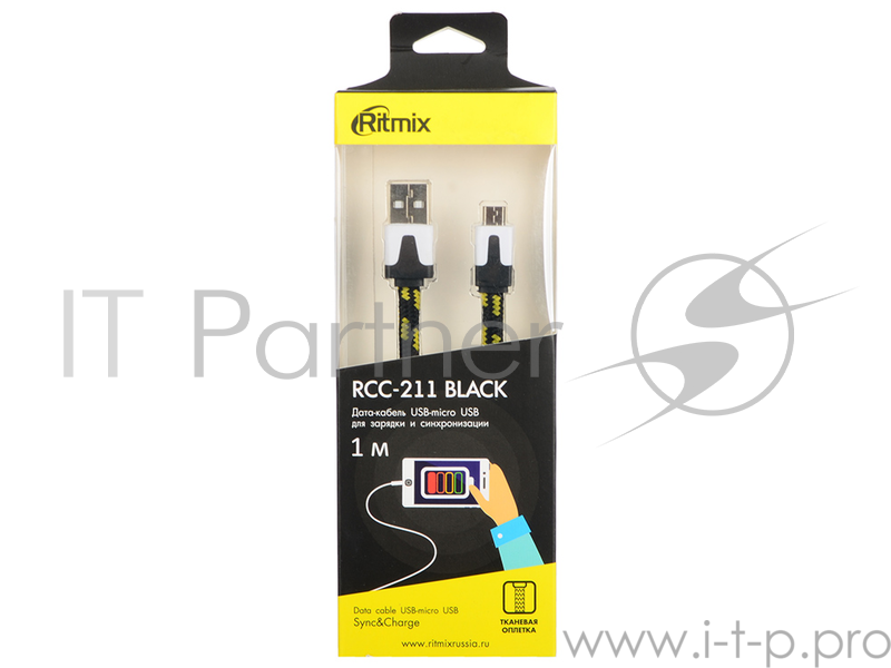 Кабель RITMIX Кабель MicroUSB-USB для синхронизации/зарядки, 1м, ткан. опл. black (RCC-211)
