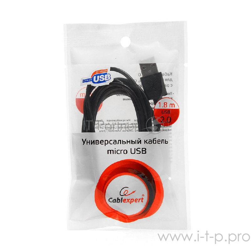 Кабель Cablexpert Кабель USB 2.0 Pro AM/microBM 5P, 1.8м, черный, пакет (CC-mUSB2-AMBM-6)