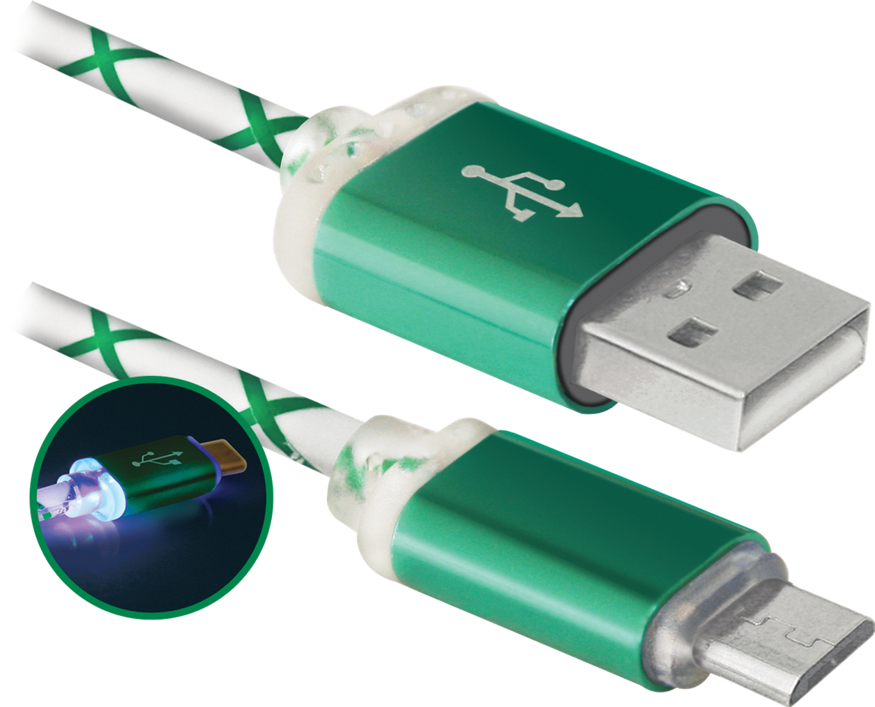 Кабель Defender USB кабель USB08-03LT USB2.0 зеленый, LED, AM-MicroBM, 1м (87557)