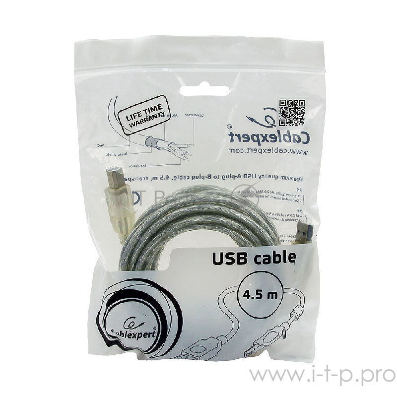 Кабель Cablexpert Кабель USB 2.0 Pro, AM/BM, 4,5м, экран, 2 феррит.кольца, прозрачный (CCF-USB2-AMBM-TR-15)