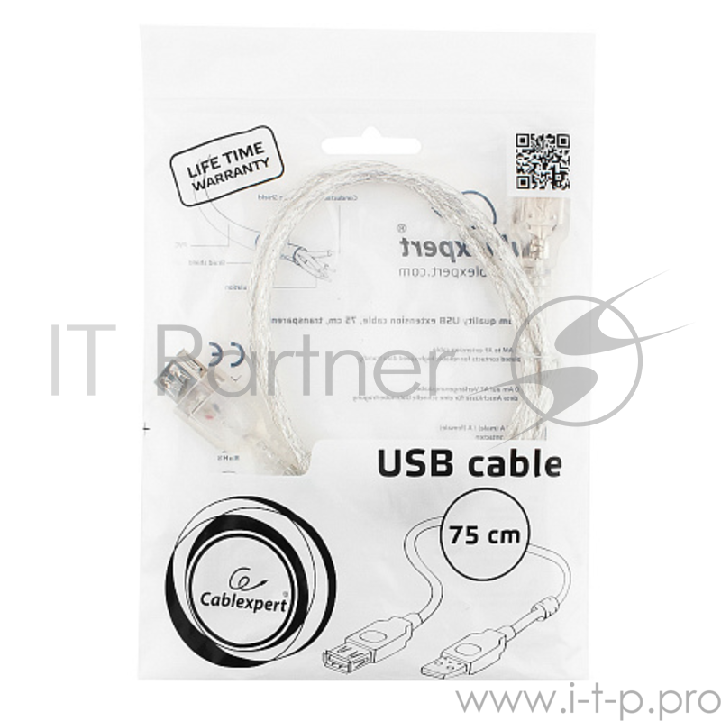 Кабель Cablexpert Кабель удлинитель USB2.0 Pro, AM/AF, 0,75м, экран, 2 феррит.кольца, прозрачный (CCF-USB2-AMAF-TR-0.75M)
