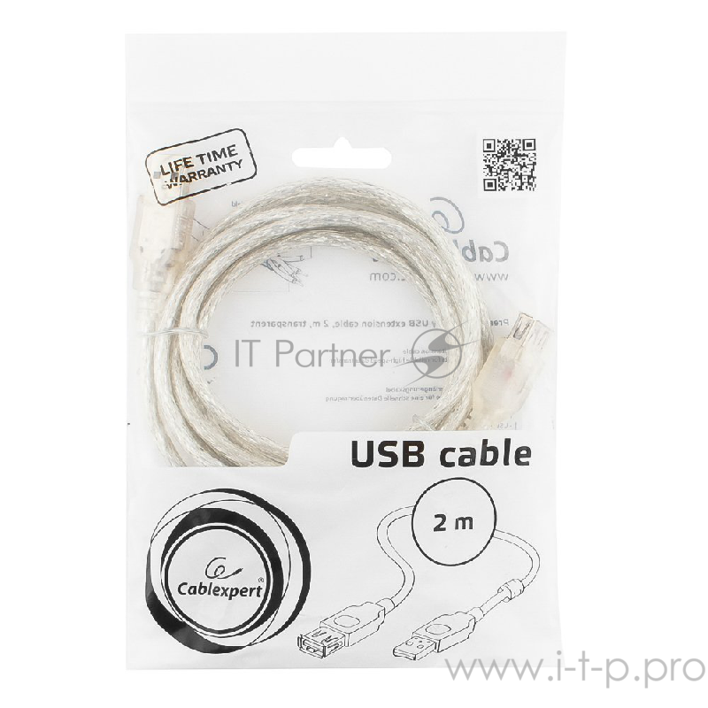 Кабель Cablexpert Кабель удлинитель USB2.0 Pro, AM/AF, 2м, экран, 2 феррит.кольца, прозрачный (CCF-USB2-AMAF-TR-2M)
