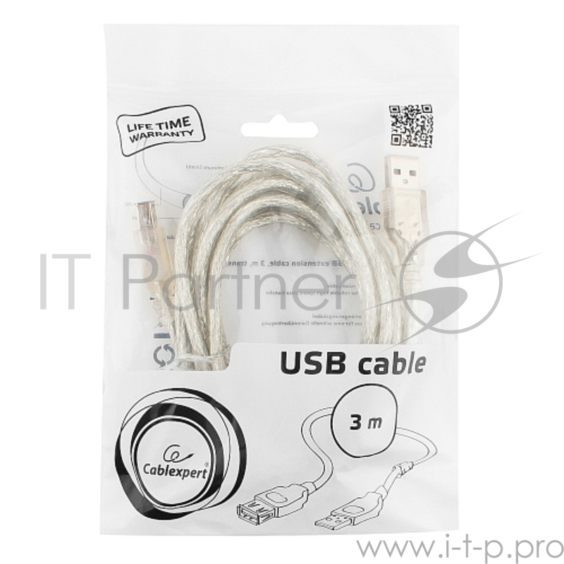 Кабель Cablexpert Кабель удлинитель USB2.0 Pro, AM/AF, 3м, экран, 2 феррит.кольца, прозрачный (CCF-USB2-AMAF-TR-10)