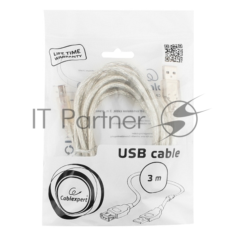 Кабель Cablexpert Кабель удлинитель USB2.0 Pro, AM/AF, 3м, экран, 2 феррит.кольца, прозрачный (CCF-USB2-AMAF-TR-10)