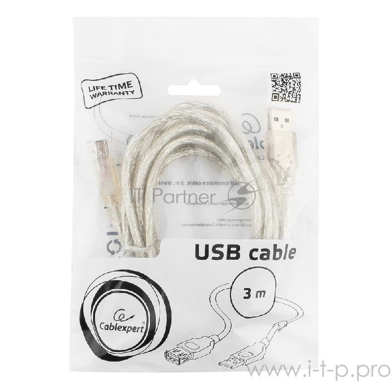 Кабель Cablexpert Кабель удлинитель USB2.0 Pro, AM/AF, 3м, экран, 2 феррит.кольца, прозрачный (CCF-USB2-AMAF-TR-10)