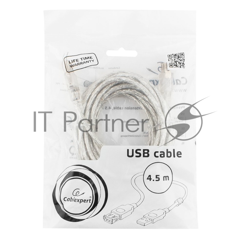 Кабель Cablexpert Кабель удлинитель USB2.0 Pro, AM/AF, 4,5м, экран, 2 феррит.кольца, прозрачный (CCF-USB2-AMAF-TR-15)