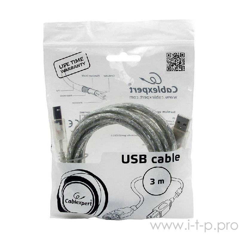 Кабель Cablexpert Кабель USB 2.0 Pro, AM/BM, 3м, экран, 2 феррит.кольца, прозрачный (CCF-USB2-AMBM-TR-10)