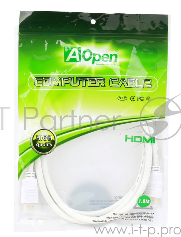 Кабель Aopen Кабель HDMI 19M/M 1.4V+3D/Ethernet ACG511W-1.8M 1.8m/2m , белый, позолоченные контакты ACG511W-1.8M