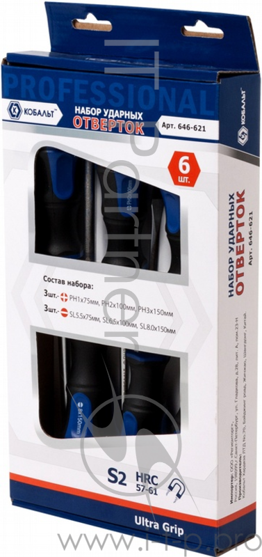 Набор отверток КОБАЛЬТ 646-621 ударных Ultra Grip S2 6шт коробка